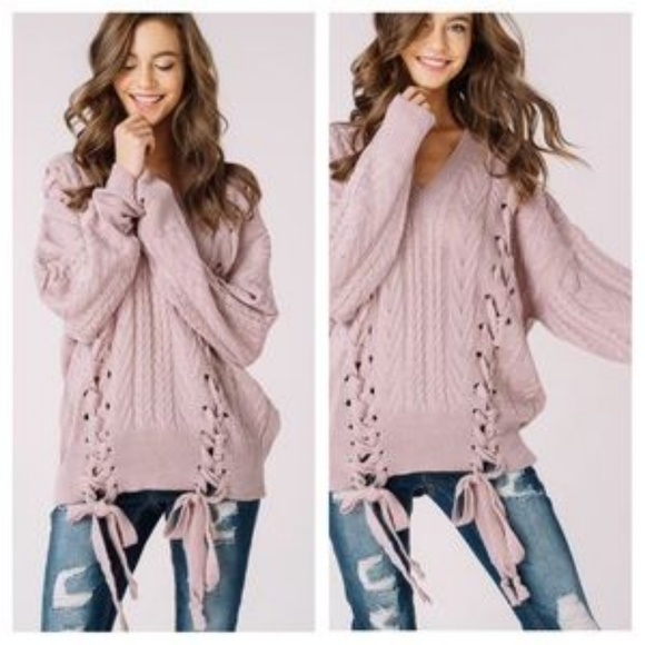 Oversized Cable Knit Lace Up Sweater | Mauve - Picture 5 of 6